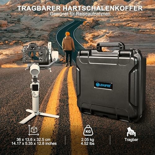 Hartschalenkoffer und Kameraausrüstung auf Straße