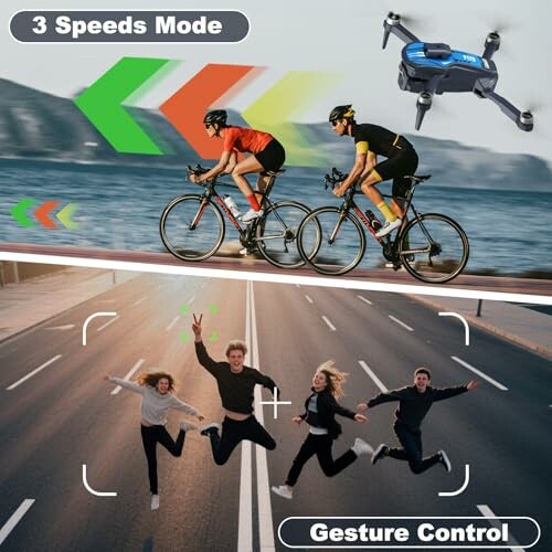 Drohne mit Geschwindigkeitsmodi und Gestensteuerung, Radfahrer und springende Personen.