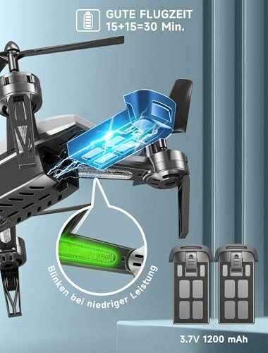 Drohne mit zwei Batterien und Anzeige für niedrige Leistung.