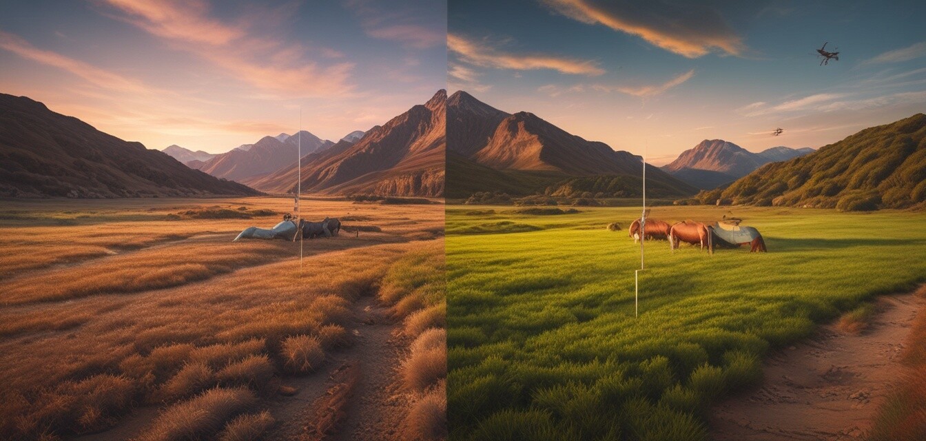 Vergleich zwischen einem unbearbeiteten und bearbeiteten Drohnenfoto