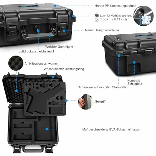 Schwarzer Schutzkoffer mit Schaumstoffeinlagen und Verschlussdetails