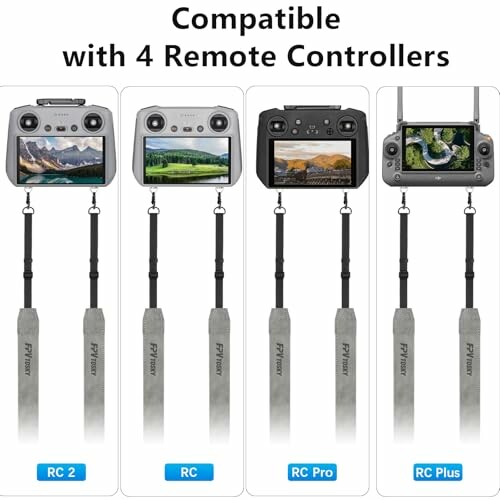 Vier kompatible Fernbedienungen mit Umhängebändern.